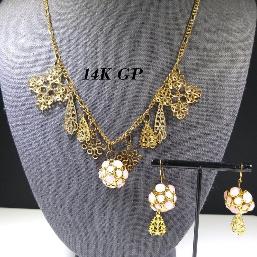 Vintage 1990s Faux Opal Rhinestone Charm Necklace Earrings Set 14K Gold Plated